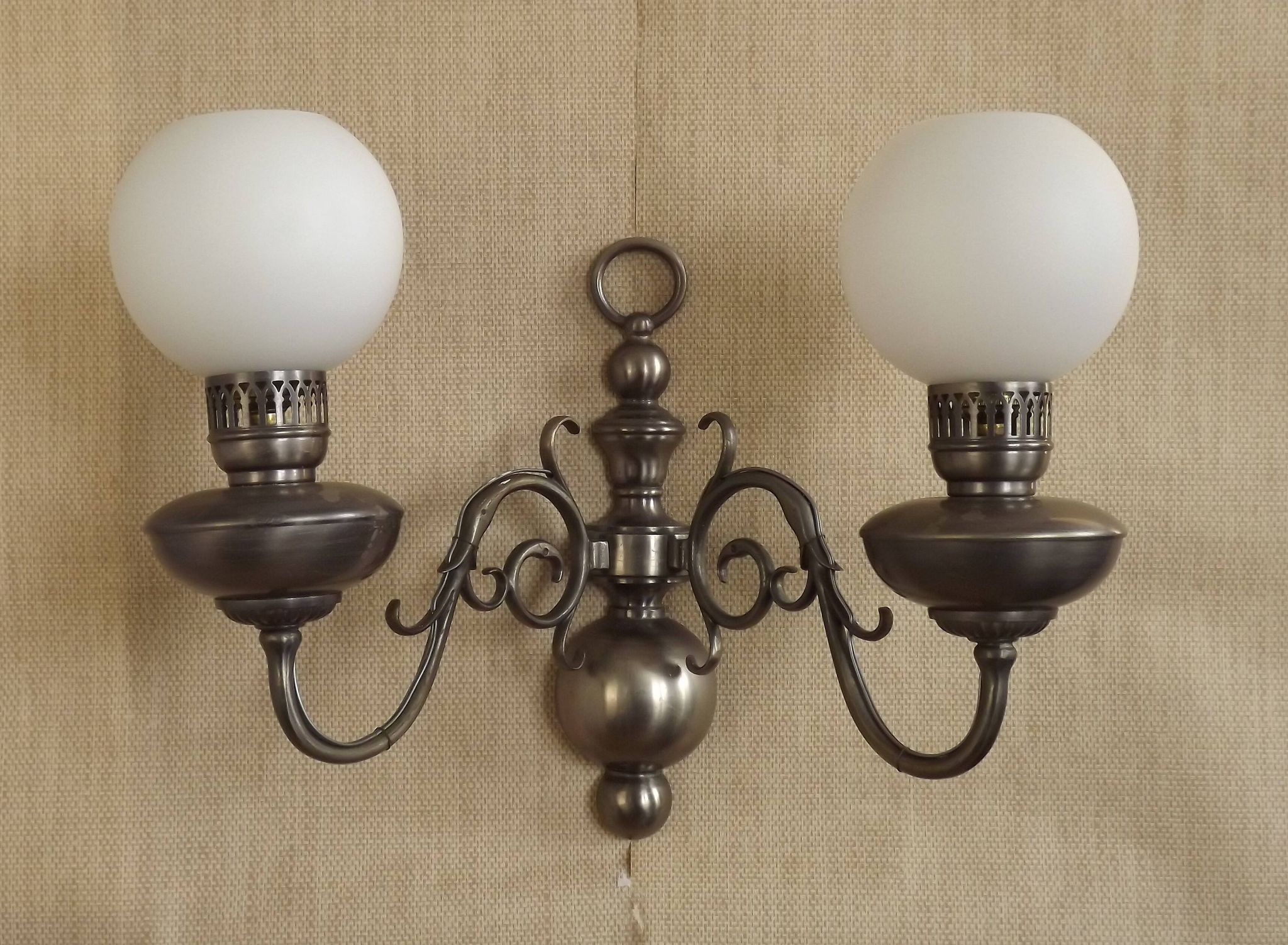 Vintage French silvered Flemish double wall sconce with opaque white glass shade 5007.