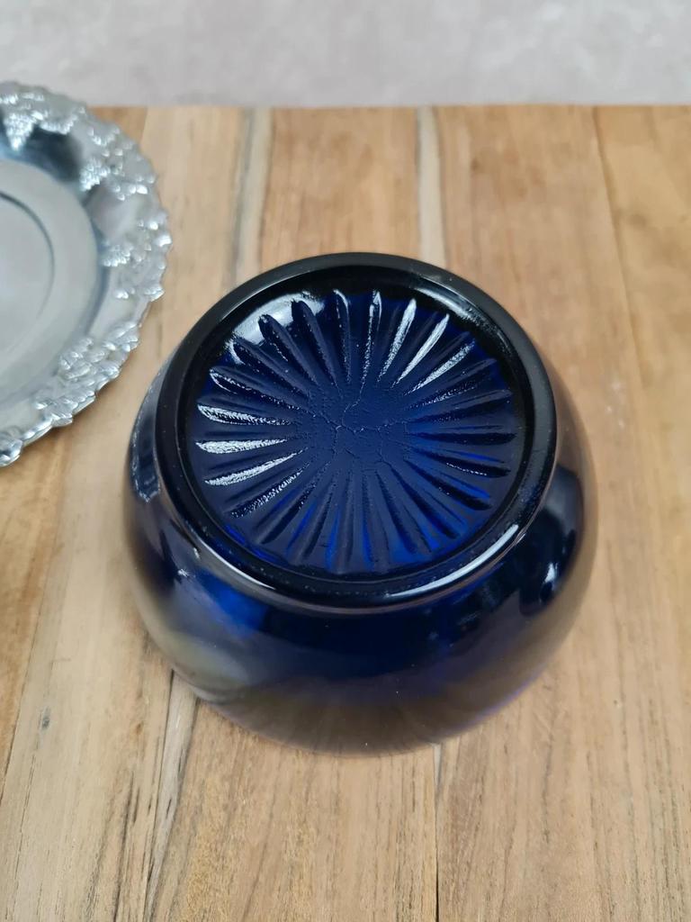 Vintage cobalt sugar bowl & chrome metal – pear shape