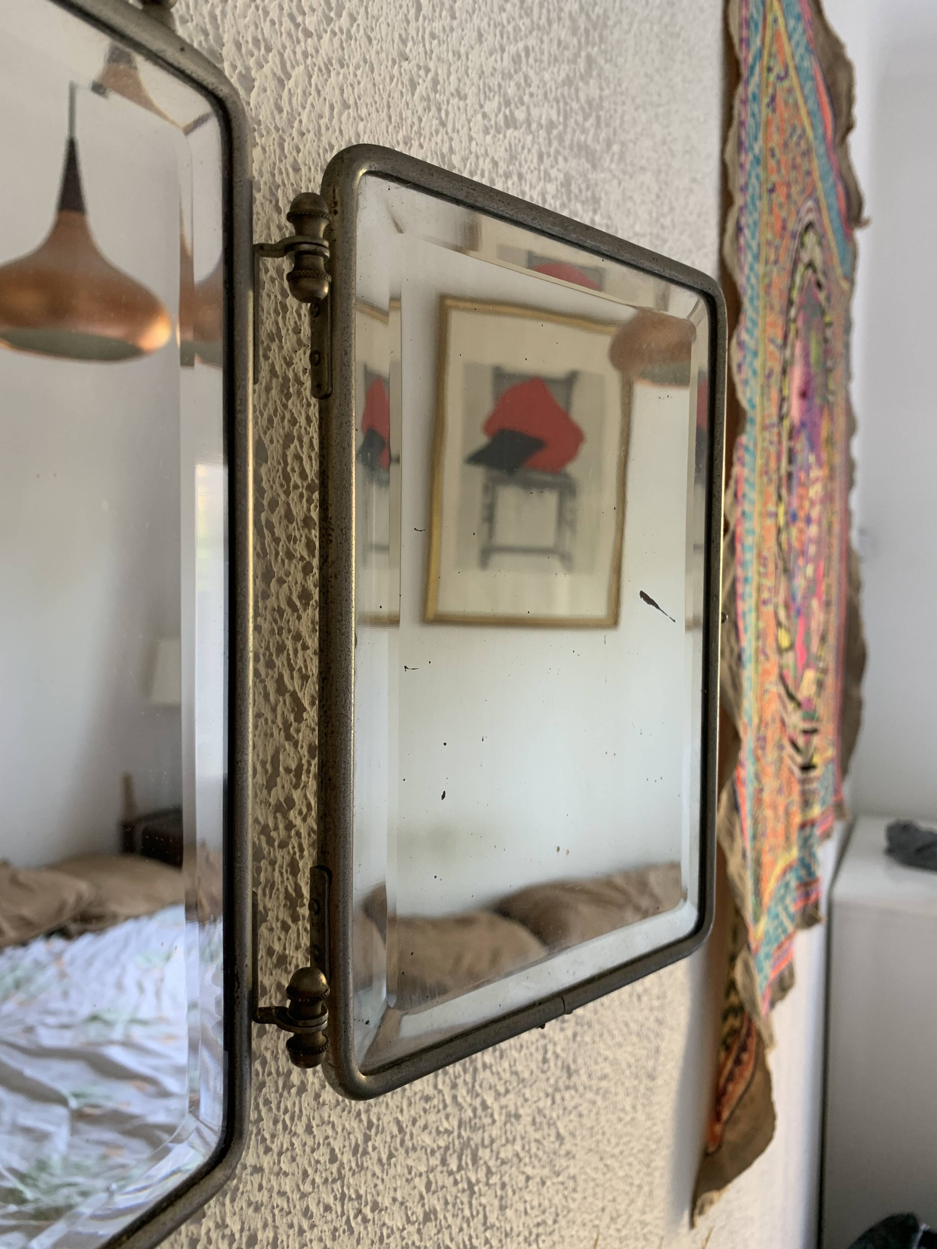 Miroir vintage 1910 triptyque barbier fleur de lys doré - 22 x 50 cm
