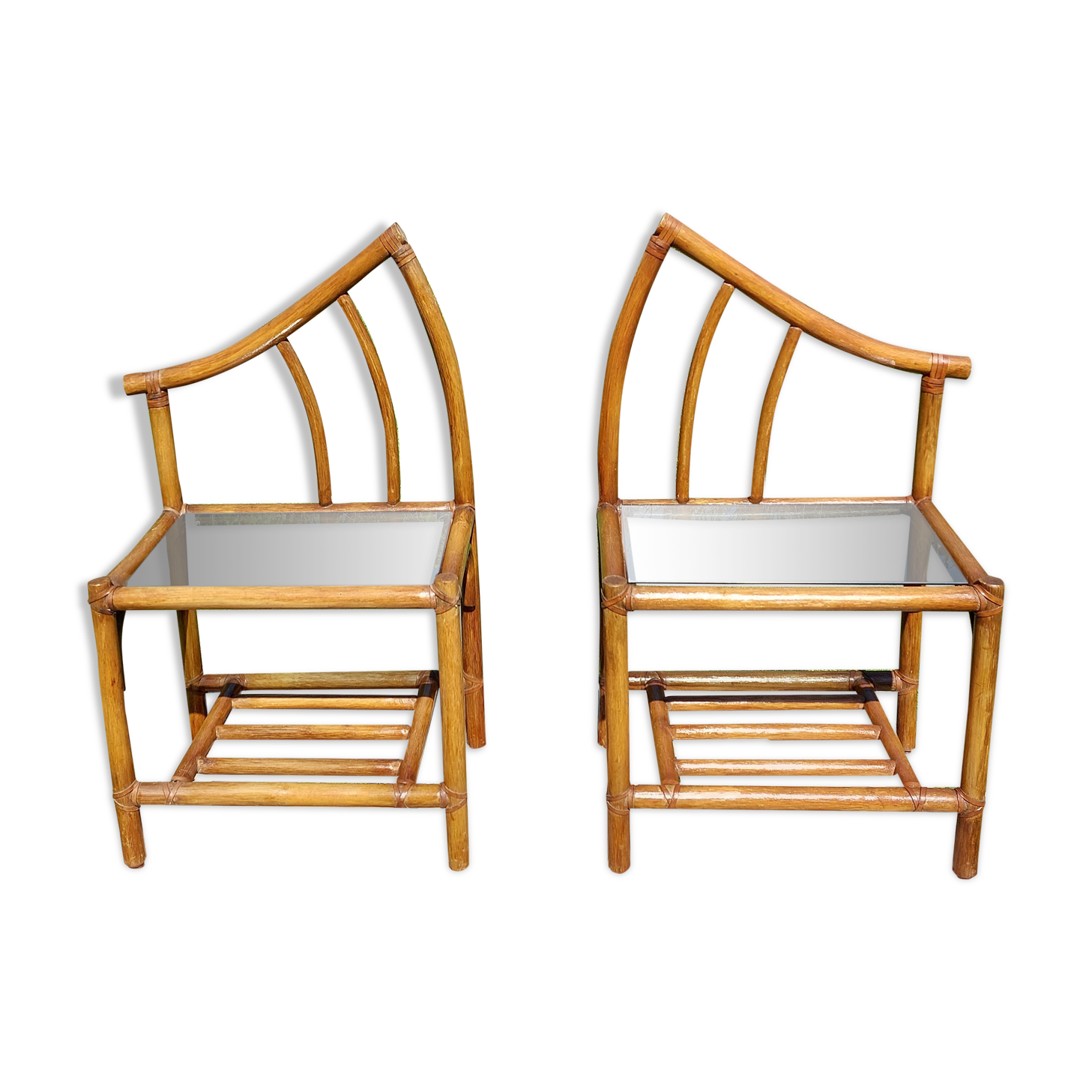 Pair of rattan and bamboo bedside tables