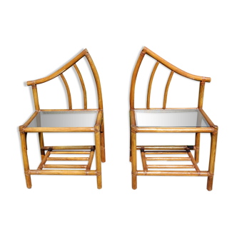 Pair of rattan and bamboo bedside tables