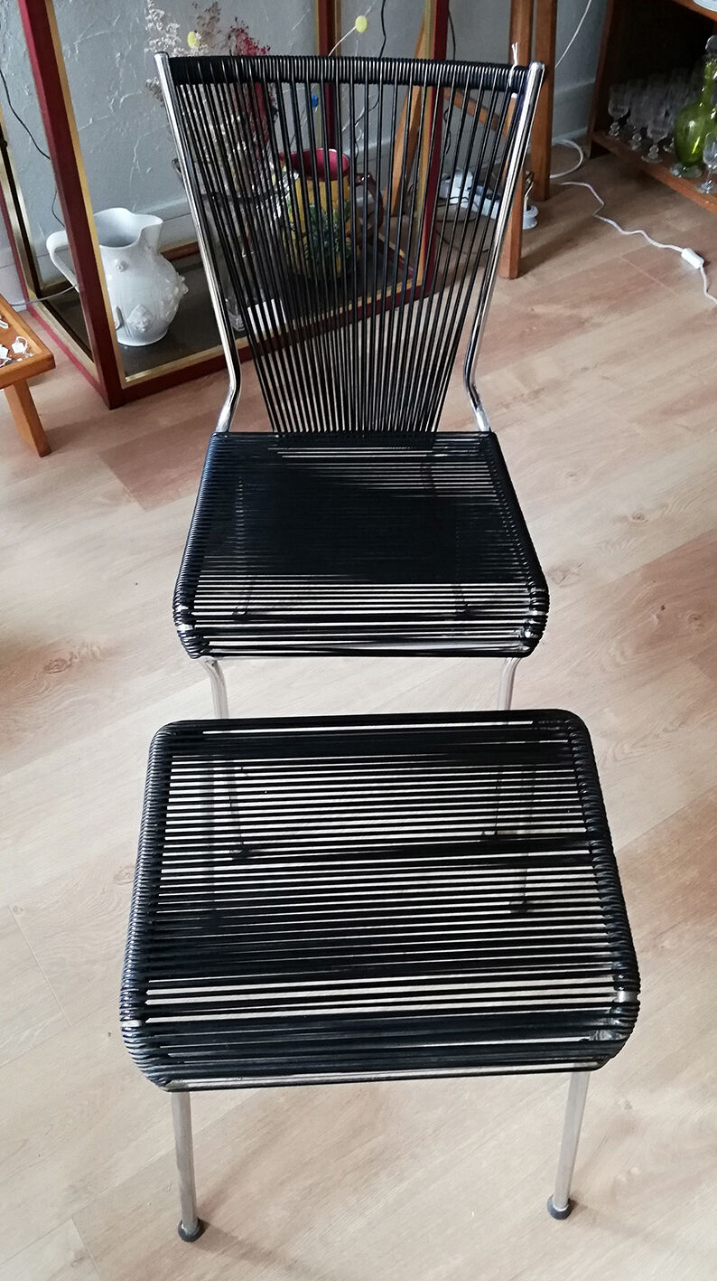 Suite of 6 Chairs and 1 Scoubidou stool André MONPOIX 1960