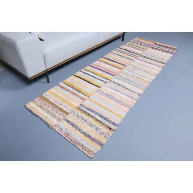 Vintage Turkish hand-knotted wool cotton beige kilim runner rug 85x260