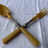 Old salad service in horn and silver metal