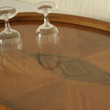 Oval wooden tray with glass and artisanal marquetry from the 70s.