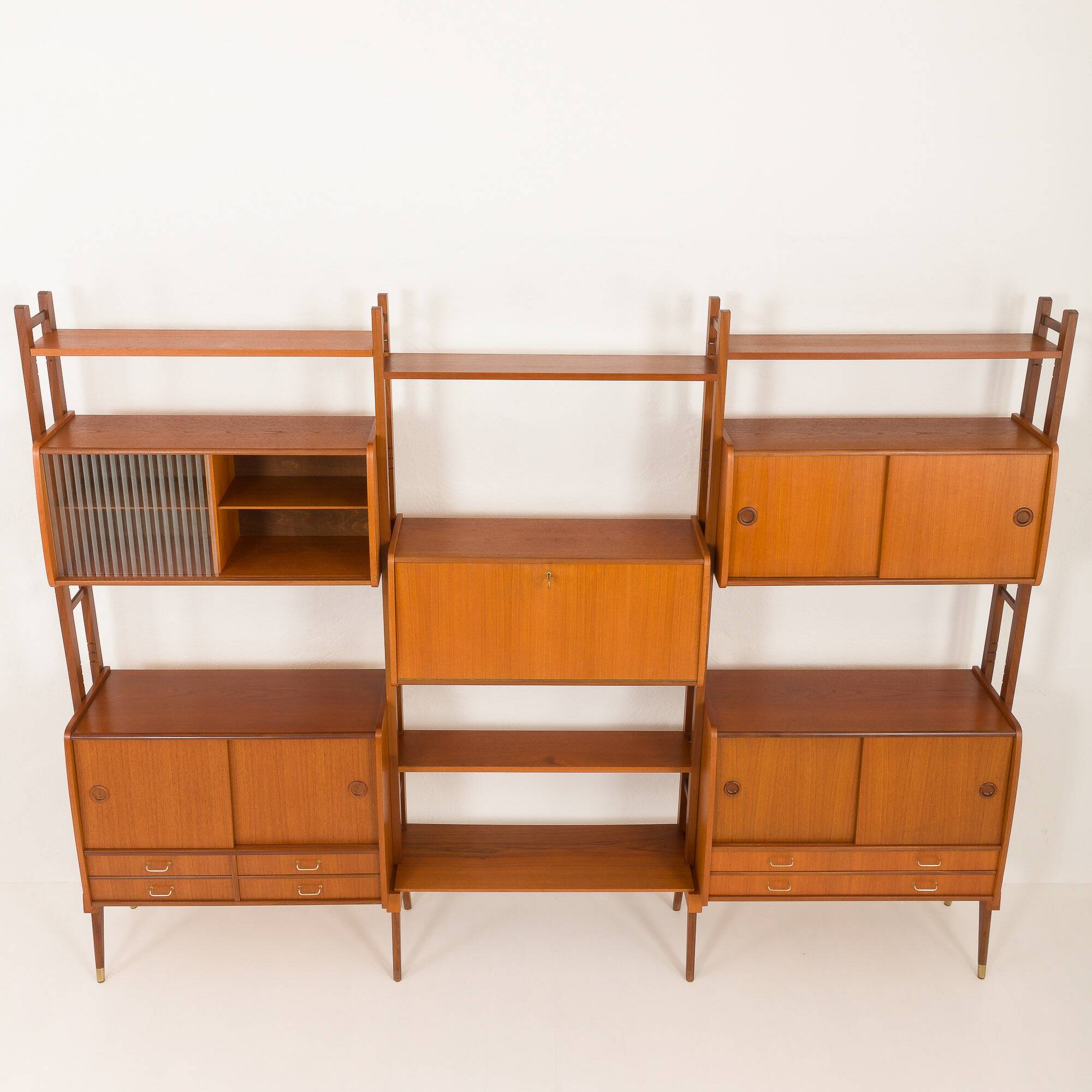 Scandinavian free-standing teak wall unit with 5 cabinets, Norway 1960s