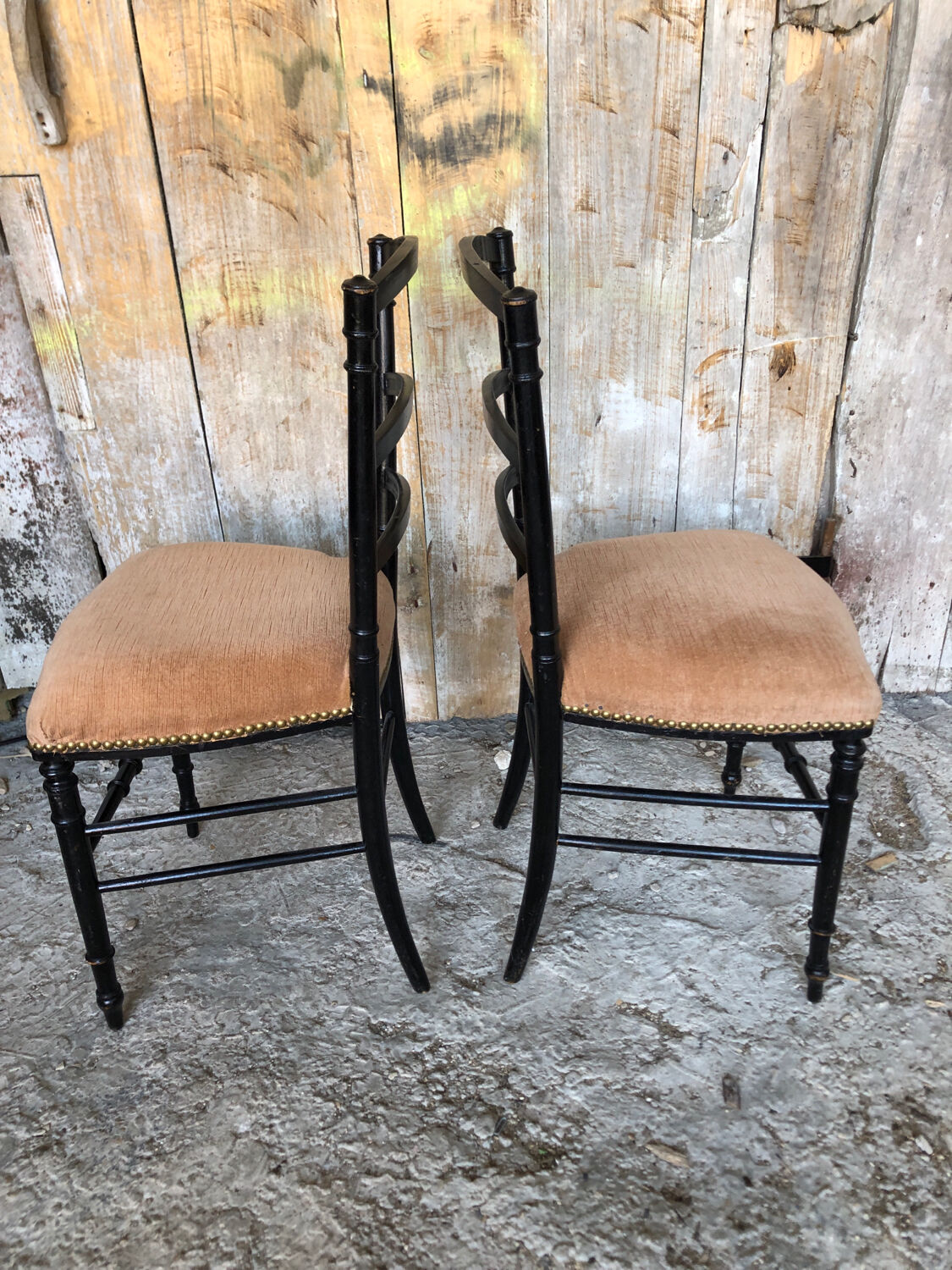 Pair of chairs napoleon 3 black wood & seat velour pink vintage #a196