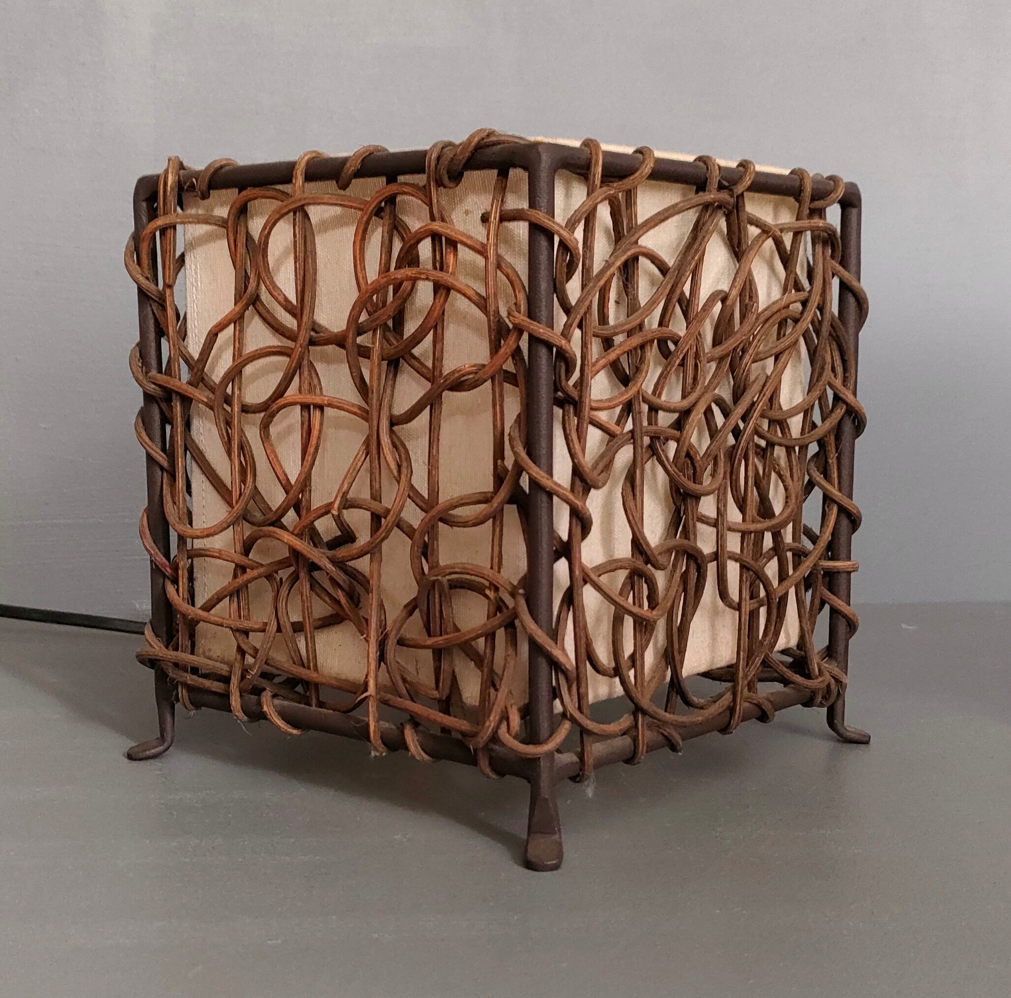 Pair of ethnic table lamps - braided water hyacinth roots, wrought iron, cotton