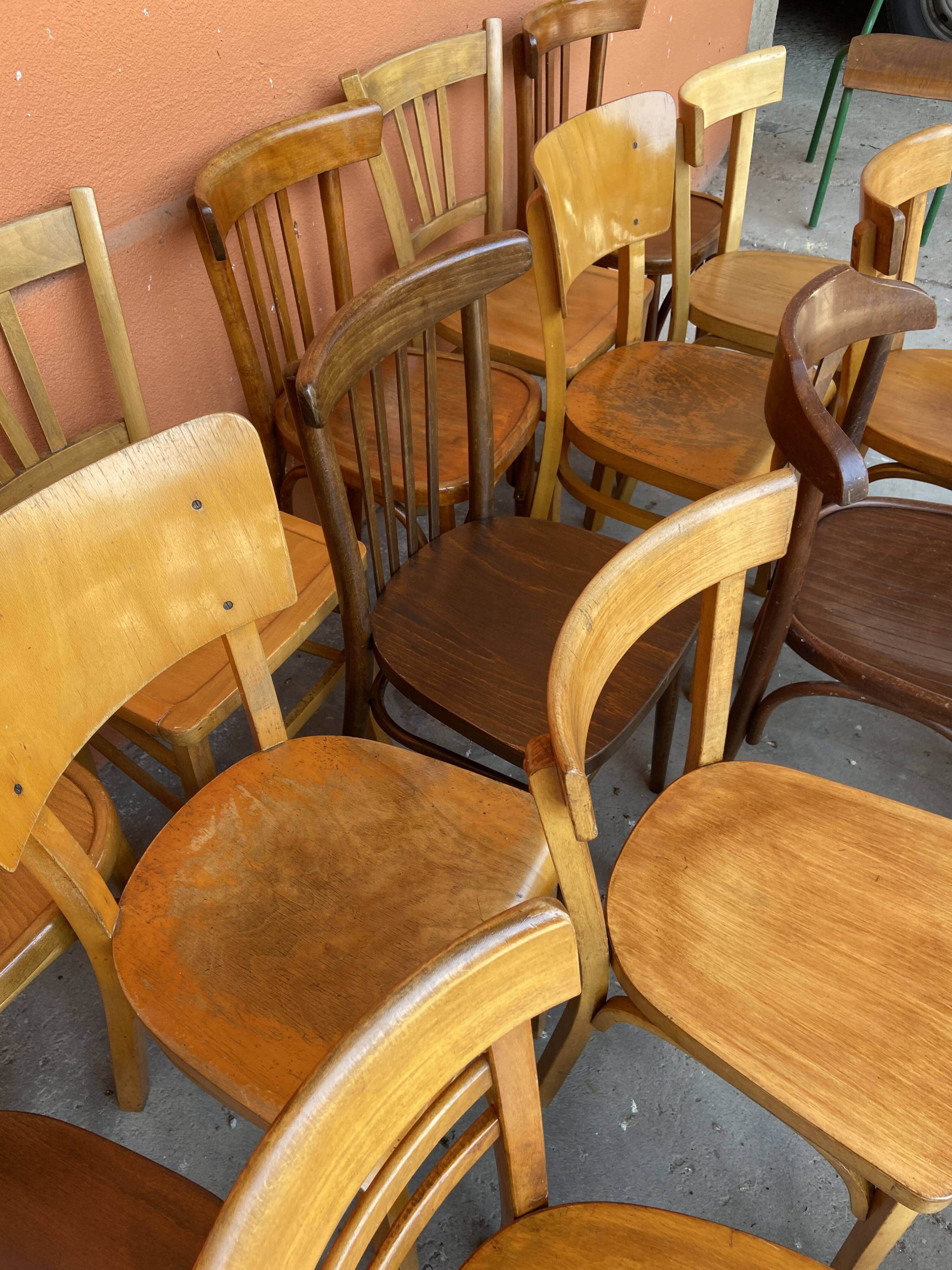 set of 20 mismatched bentwood vintage restaurant bistro chairs