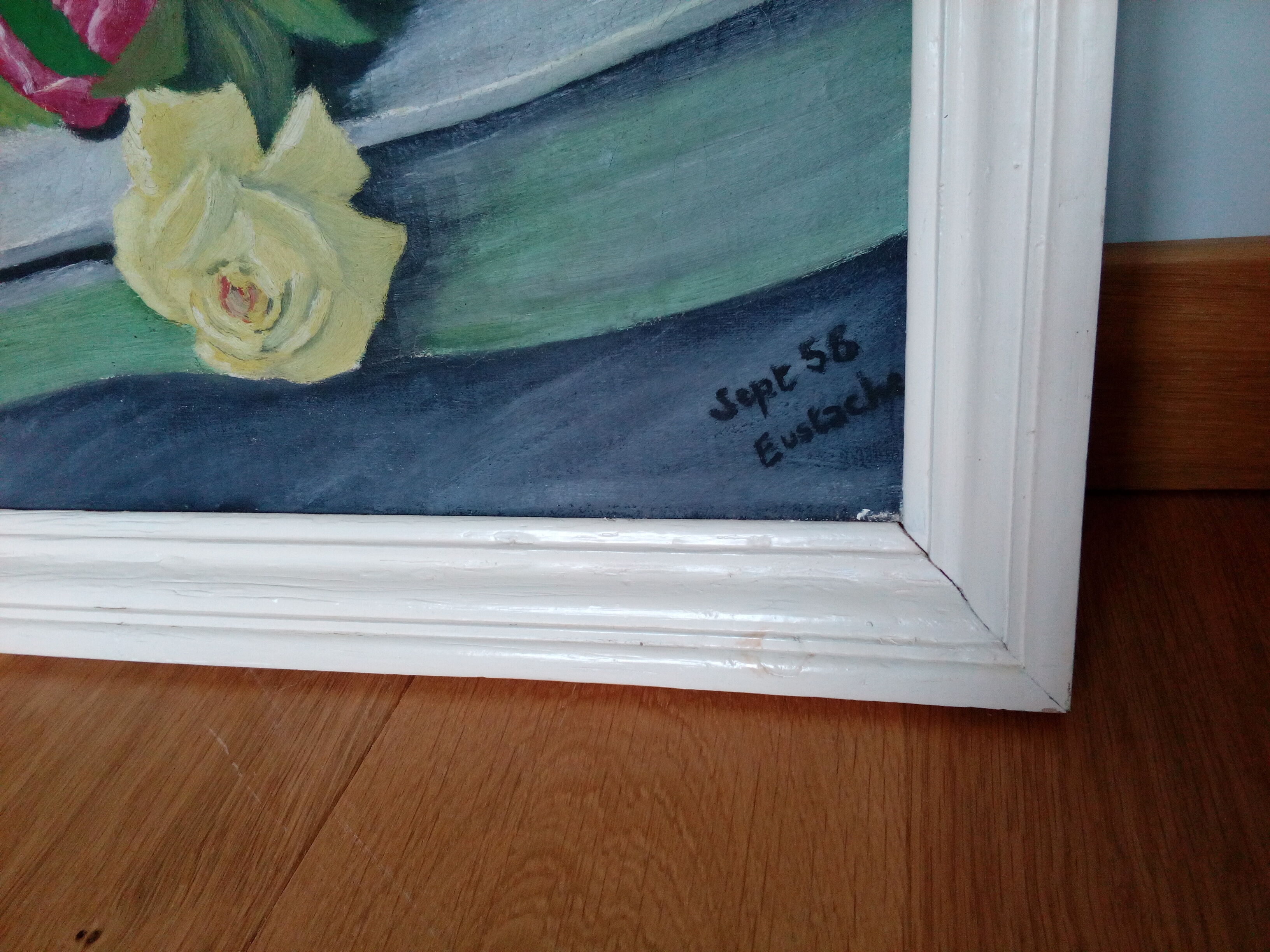 Table bouquet of flowers oil on canvas signed Eustache