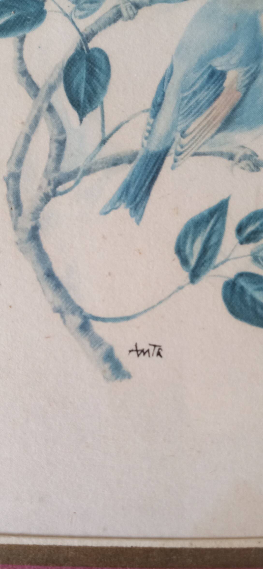 Painting with birds in an old golden frame