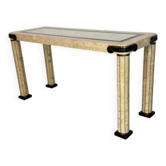 Table console vintage régence en travertin italien et laiton Maitland Smith