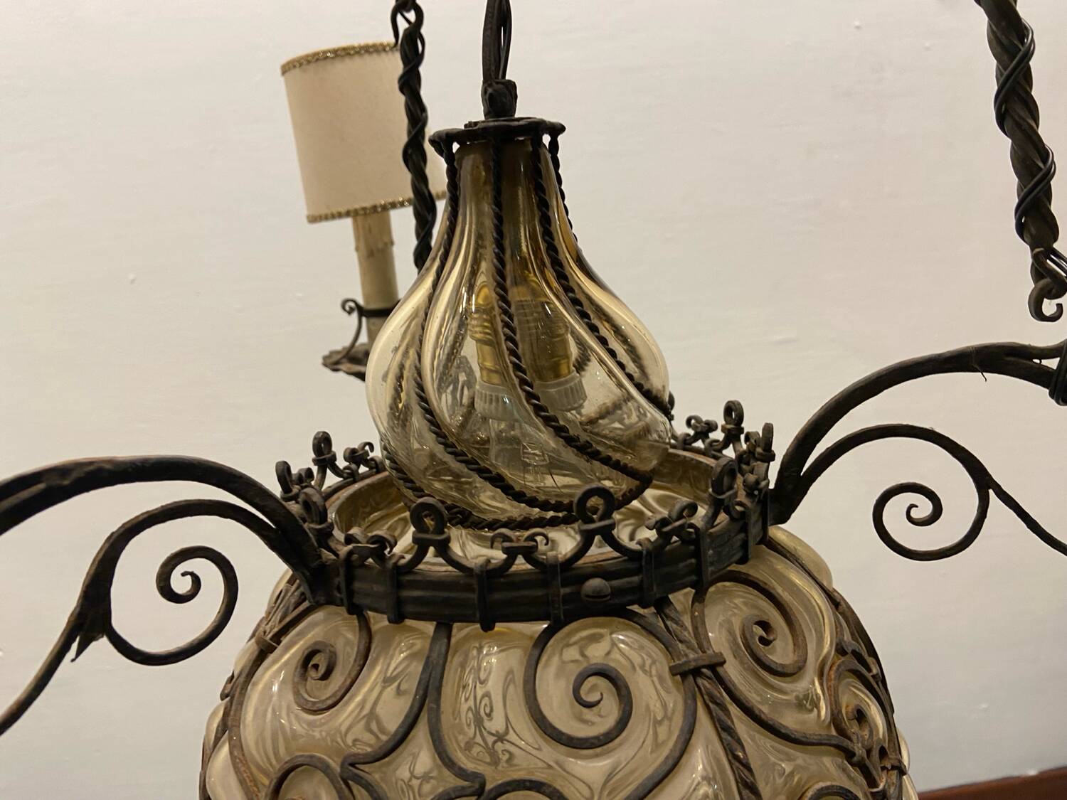 Antique Wrought Iron Murano Glass Light Pendant