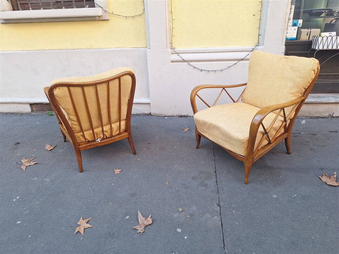 Armchairs in Wood and Yellow Fabric from Paolo Buffa, 1940s, Set of 2