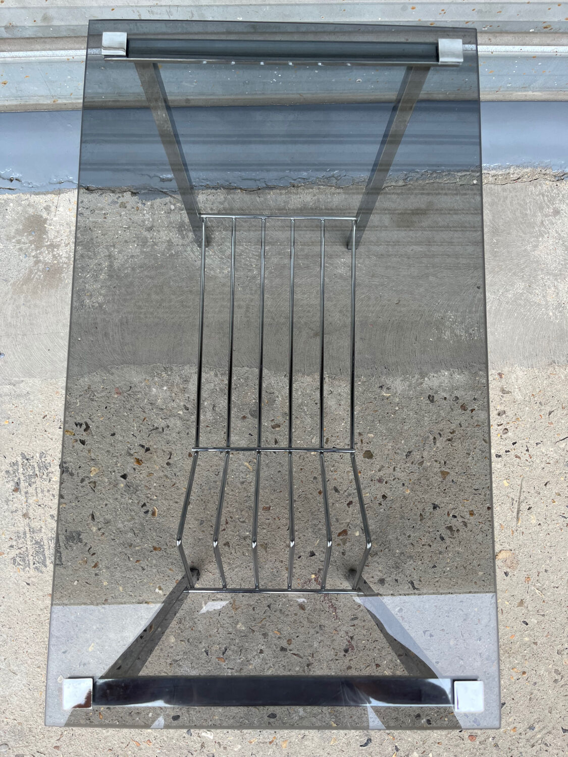 Coffee table, vinyl storage or metal and smoked glass occasional furniture