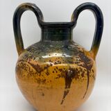 Poterie, jarre, cruche ancienne en terre cuite vernissée jaune et vert, France