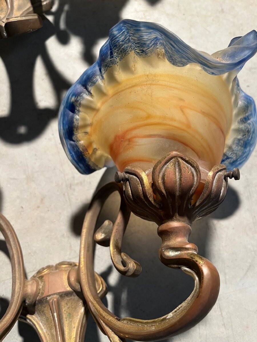 Pair of glass paste wall lights in Art Nouveau style signed Viamme.