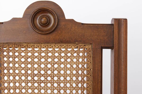 Chaise ancienne en hêtre avec assise et dossier en rotin, années 1930-1950   Bois tourné