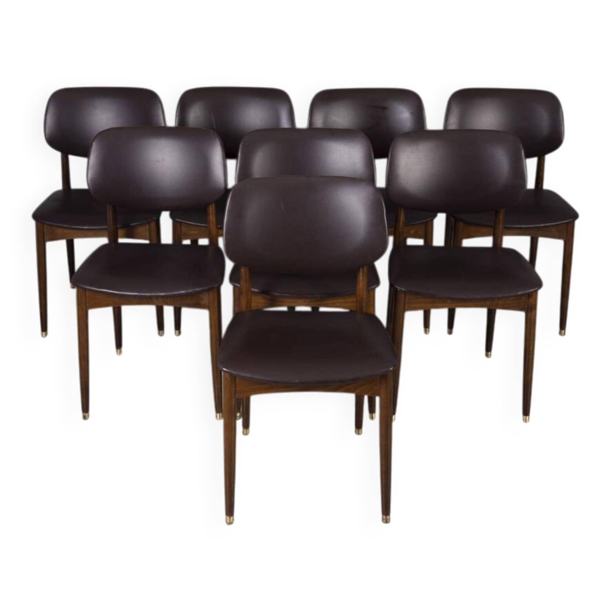 Set of 8 vintage 1960s wood and leather chairs designed by anonima castelli