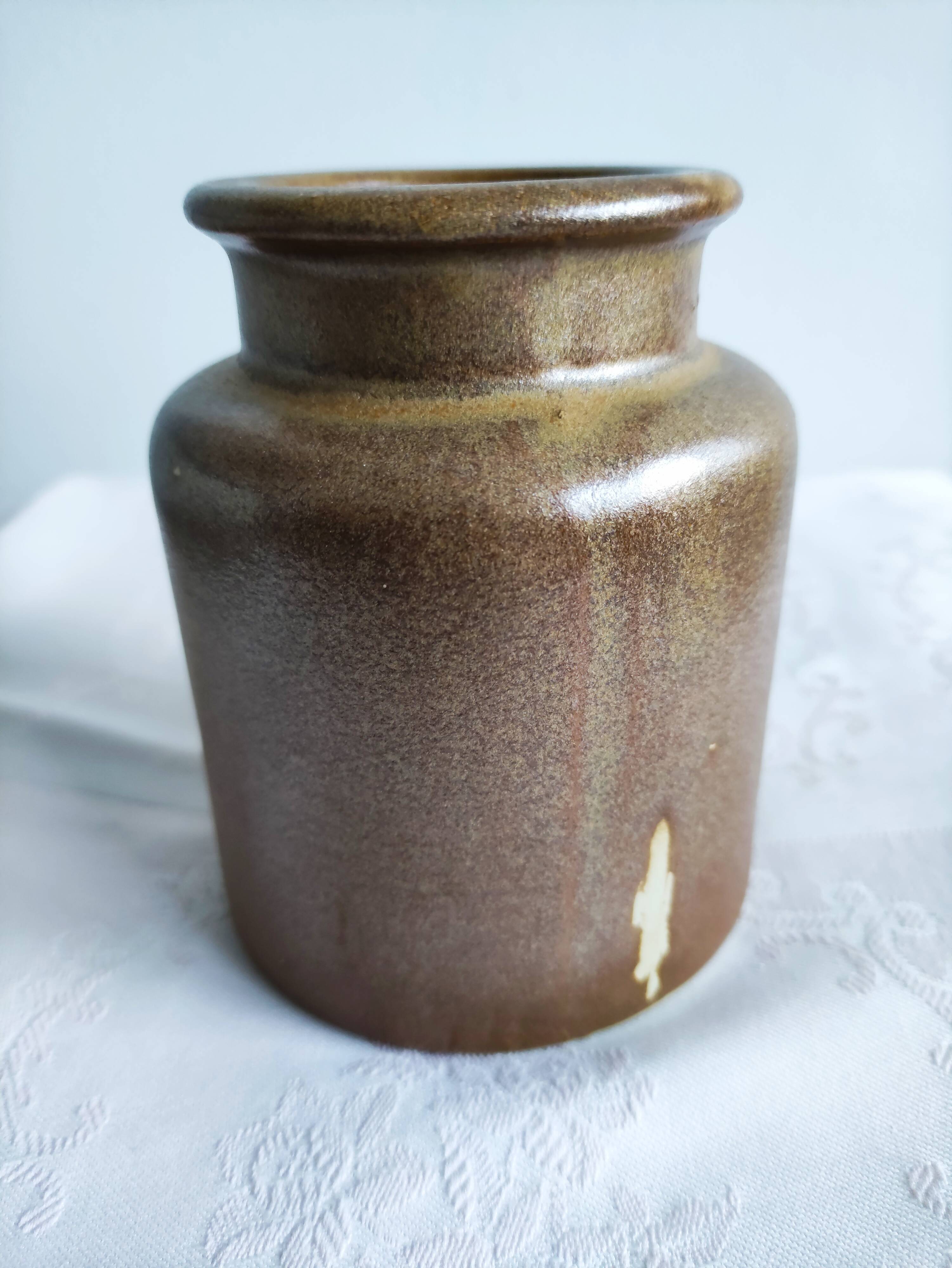 Old mustard pot in enamelled sandstone