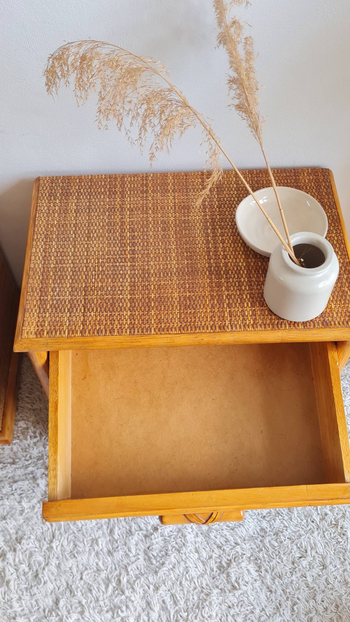 Pair of vintage rattan bedside tables from the 1970s.