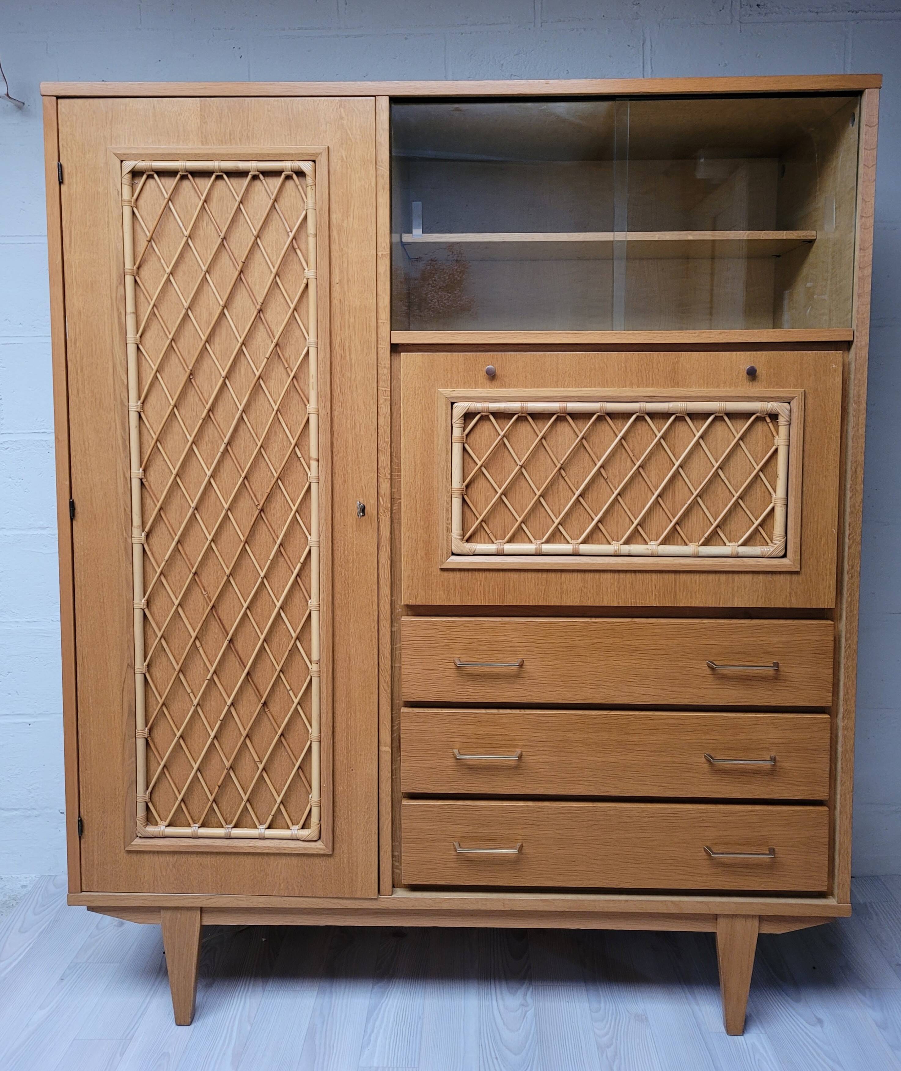 Wooden and rattan chest of drawers, 1960s