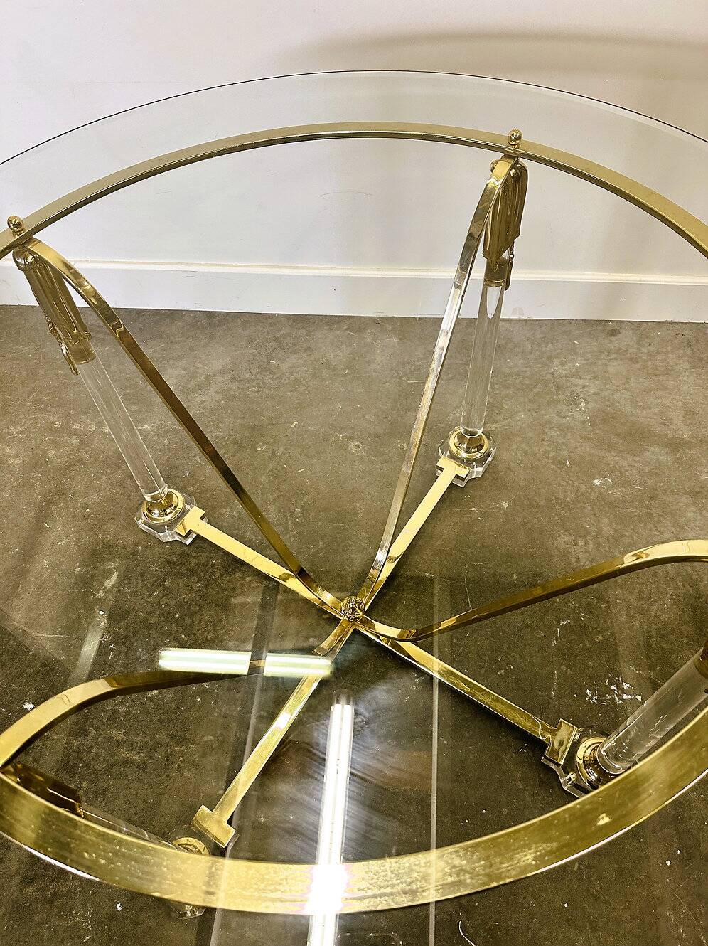 Brass and lucite dining table with beveled glass top, Italy 1980s.