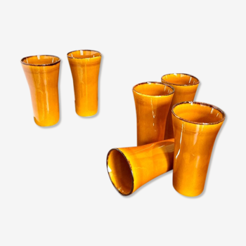 6 orange enamelled ceramic mugs