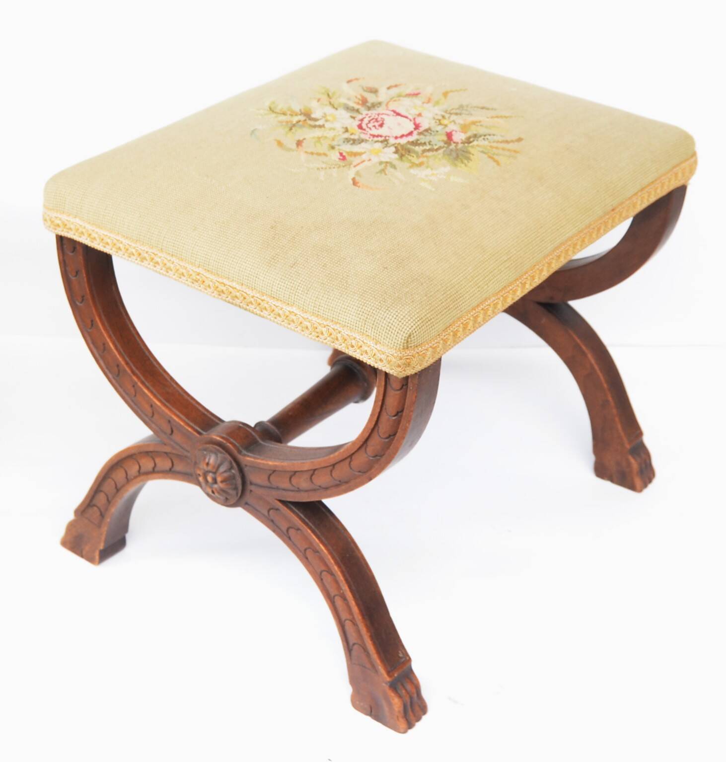 Curule Stool Empire  with Needlepoint