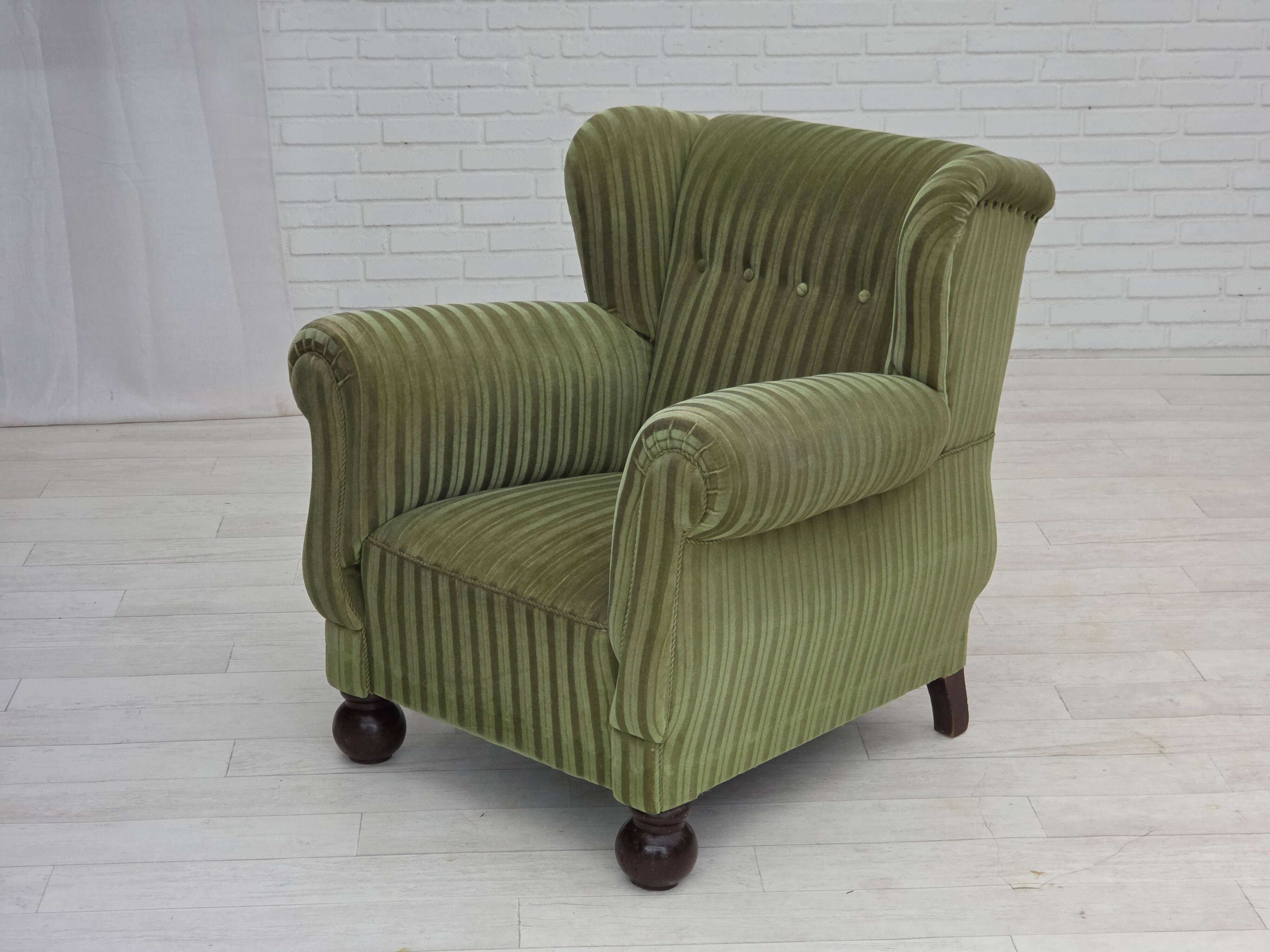 1950s, Danish relax armchair, green furniture velour fabric, ash wood legs.