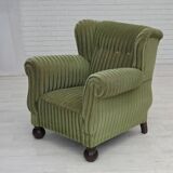 1950s, Danish relax armchair, green furniture velour fabric, ash wood legs.