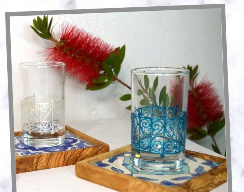 Set of 6 authentic tea glasses with traditional blue patterns from Sidi Bousaid.