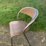 Chair in beige velvet and chrome, curved shape, vintage 1950