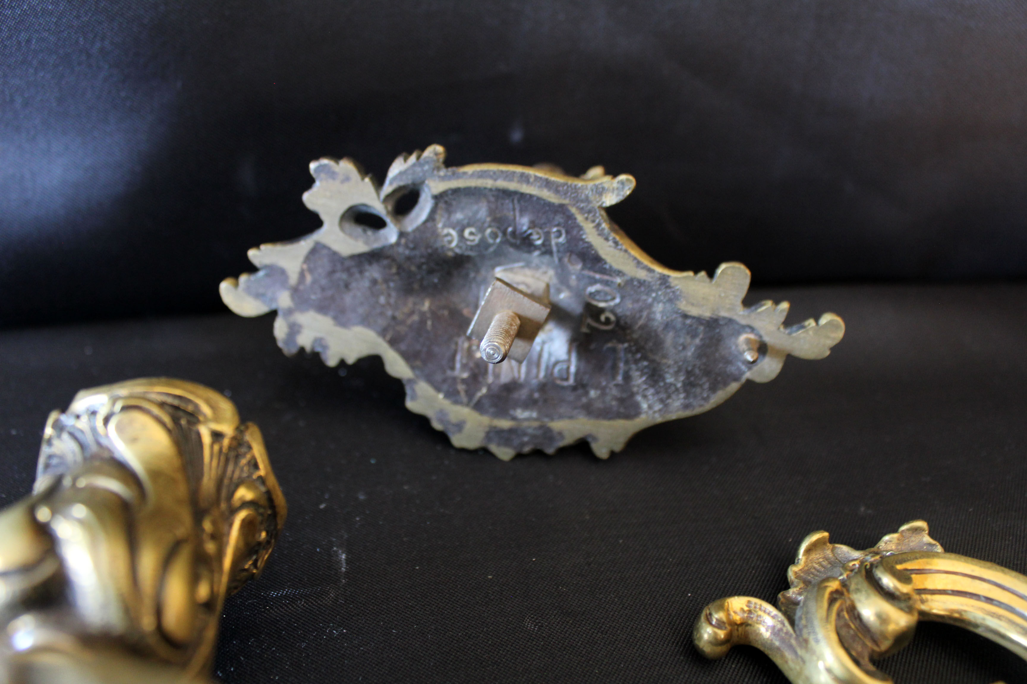 Pair of antique French Bronze Piano sconce, candleholders, signed L Pinet 102, rococo empire regency