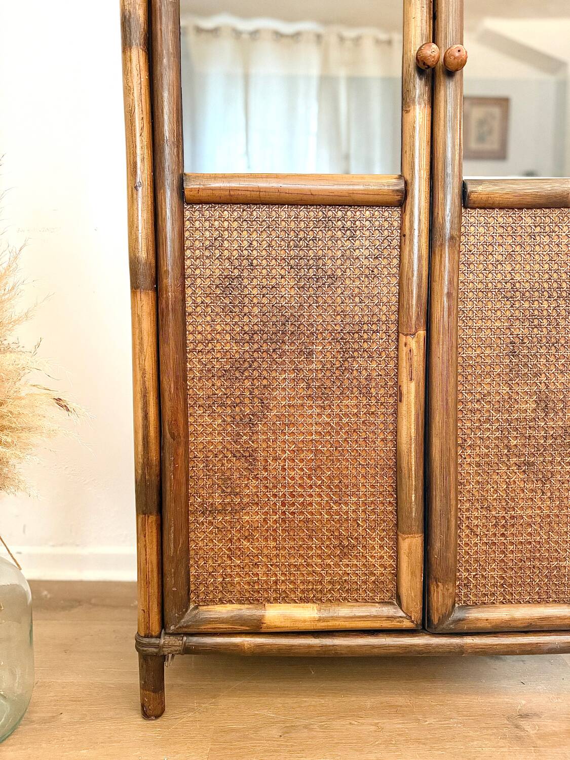 Glass cabinet in bamboo and cane