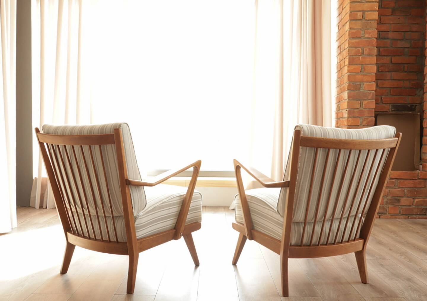 Scandinavian armchair in beige and white striped fabric