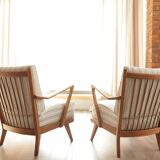 Scandinavian armchair in beige and white striped fabric