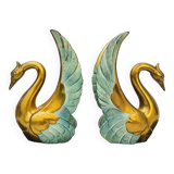Pair of art deco golden swan bookends