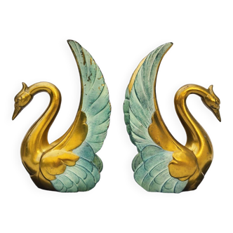 Pair of art deco golden swan bookends