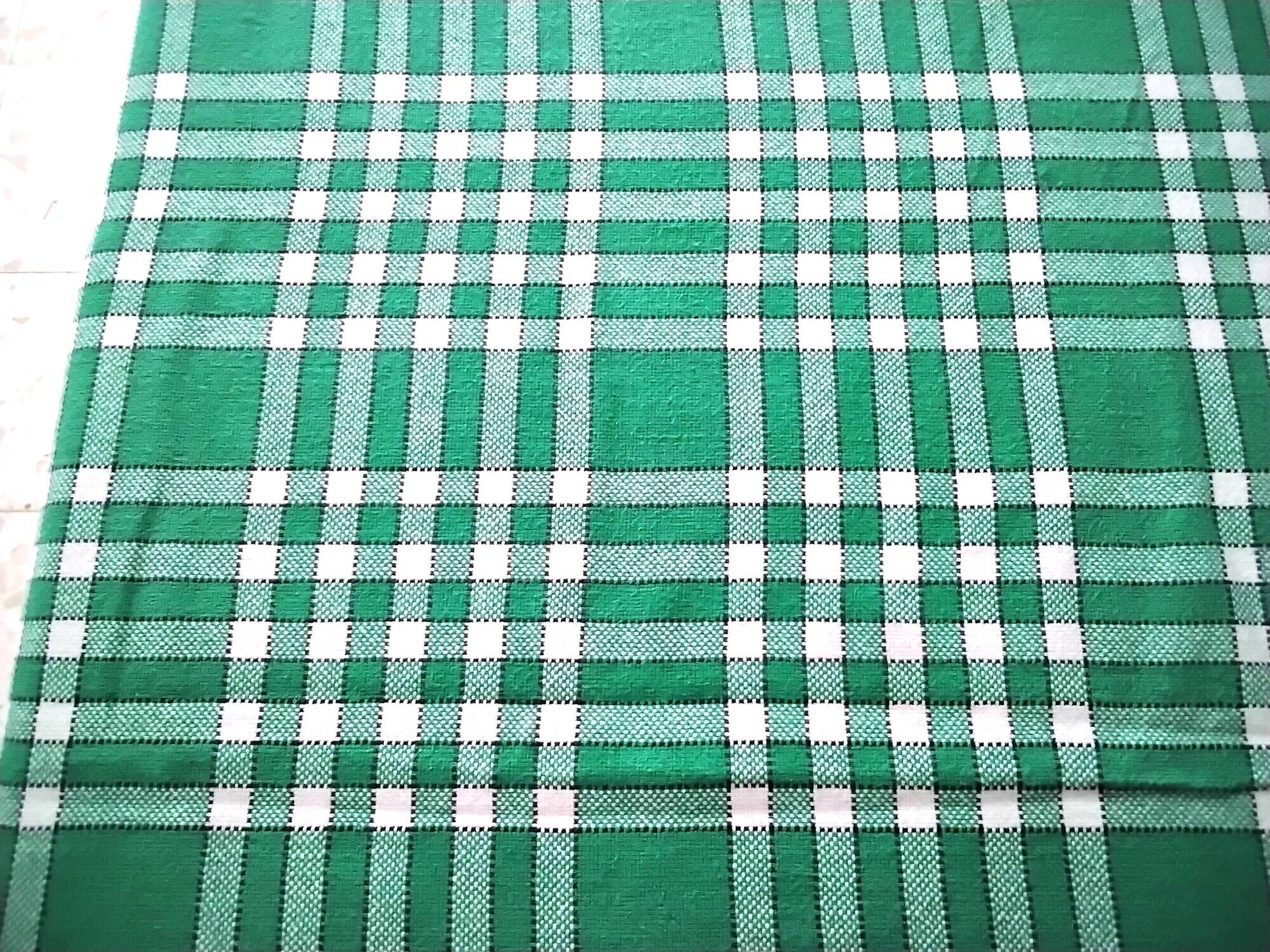 Vintage cotton tablecloth with green and white checks 1.45 x 1.65 m