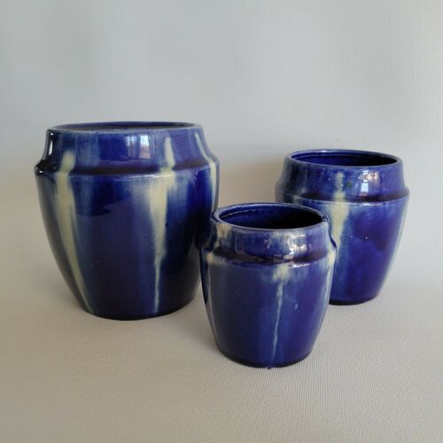 Set of 3 pots vases in ceramic enamelled vintage color blue