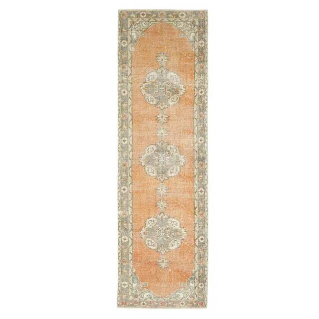 Vintage Turkish Oushak Handmade Wool Cotton Orange Runner Rug 101x339