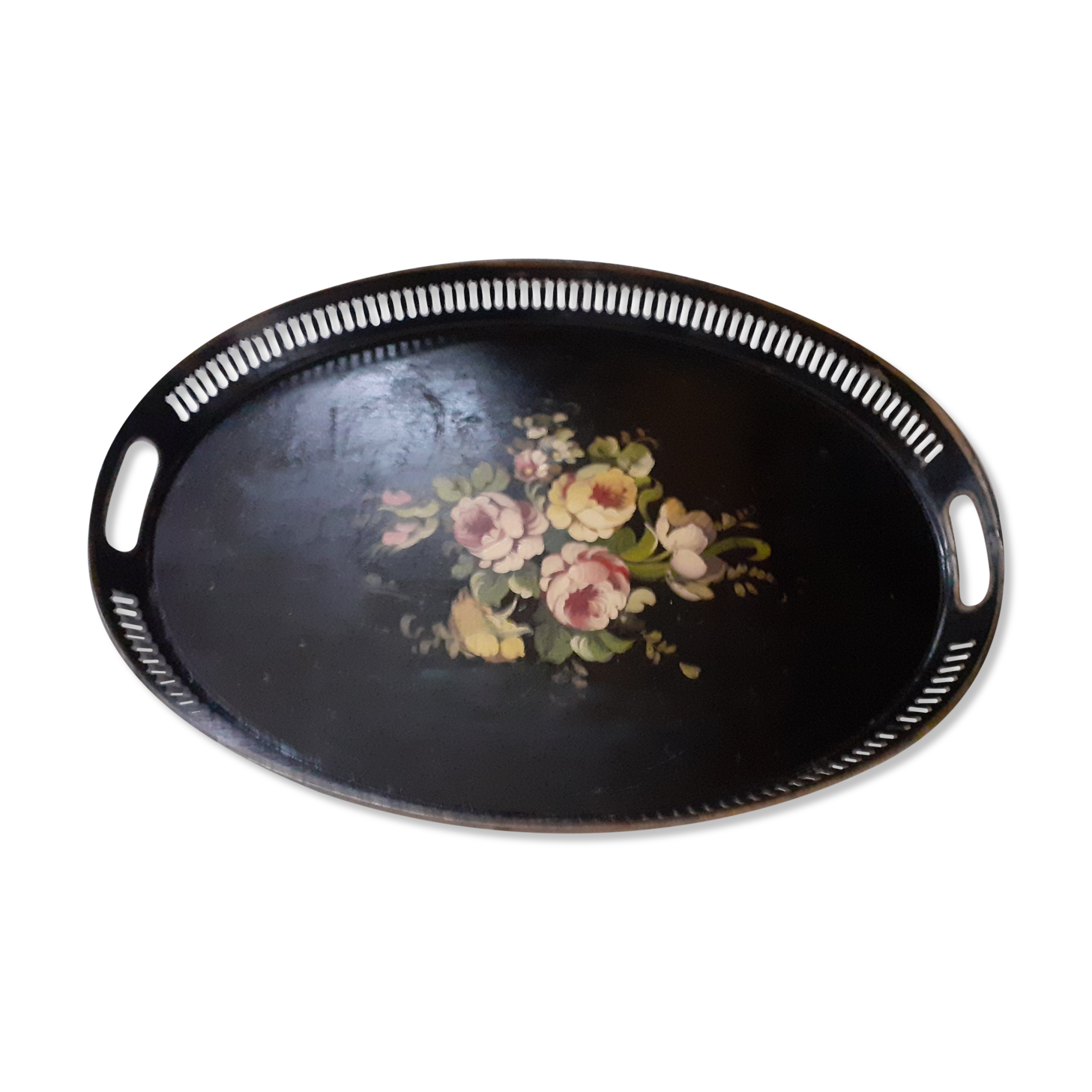 Old black oval top. Bouquet of roses. Hand painted.