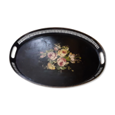 Old black oval top. Bouquet of roses. Hand painted.