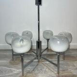 Lustre Space Age 6 arms in chrome and opalised globes in the style of Gaetano Sciolari.