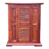 Exotic wood bar with 2 high stools.