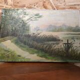 Tableau huile sur toile C. Guyon Campagne en hiver XIXeme