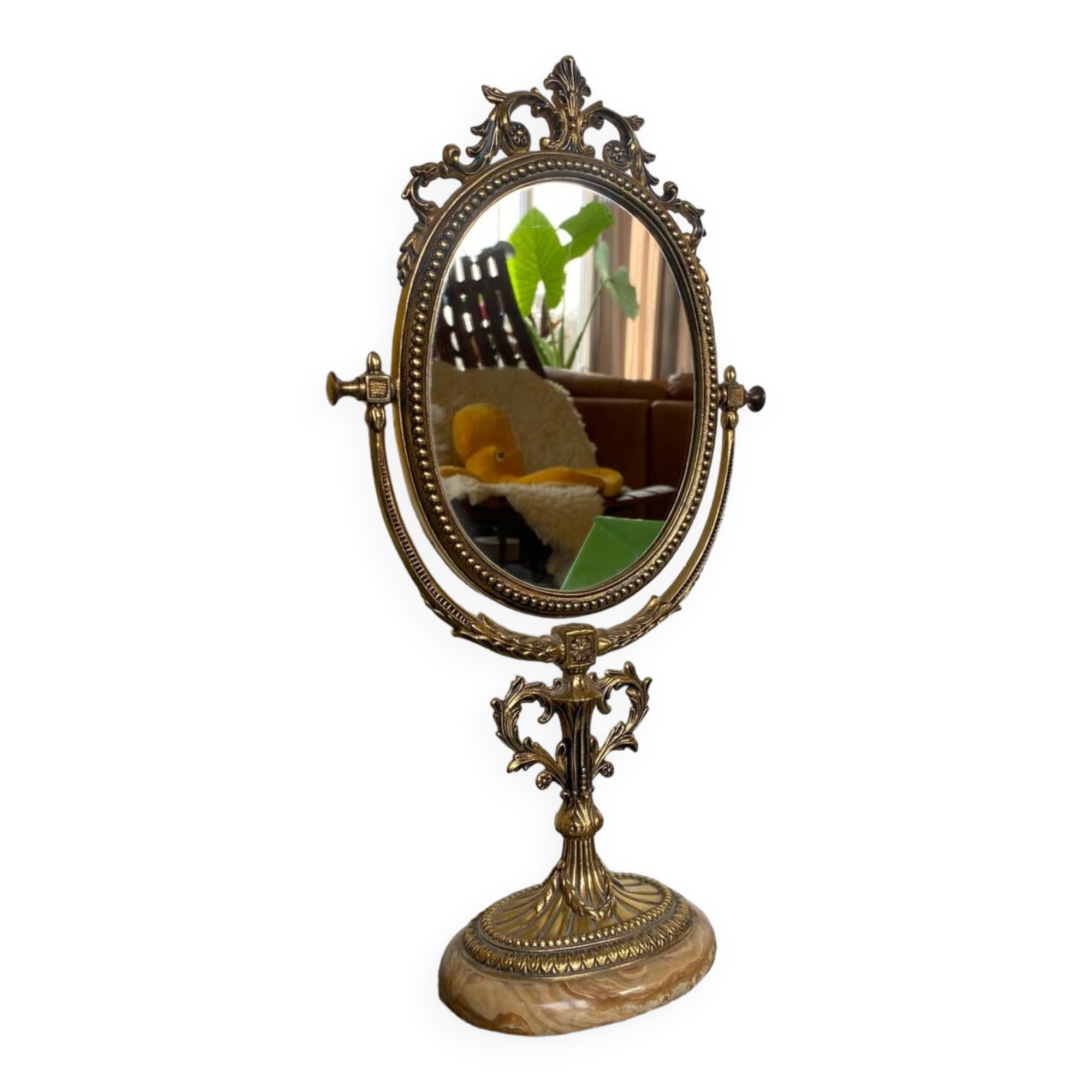 Miroir de Table Victorien Vintage en Laiton sur Base en Marbre, 1950s