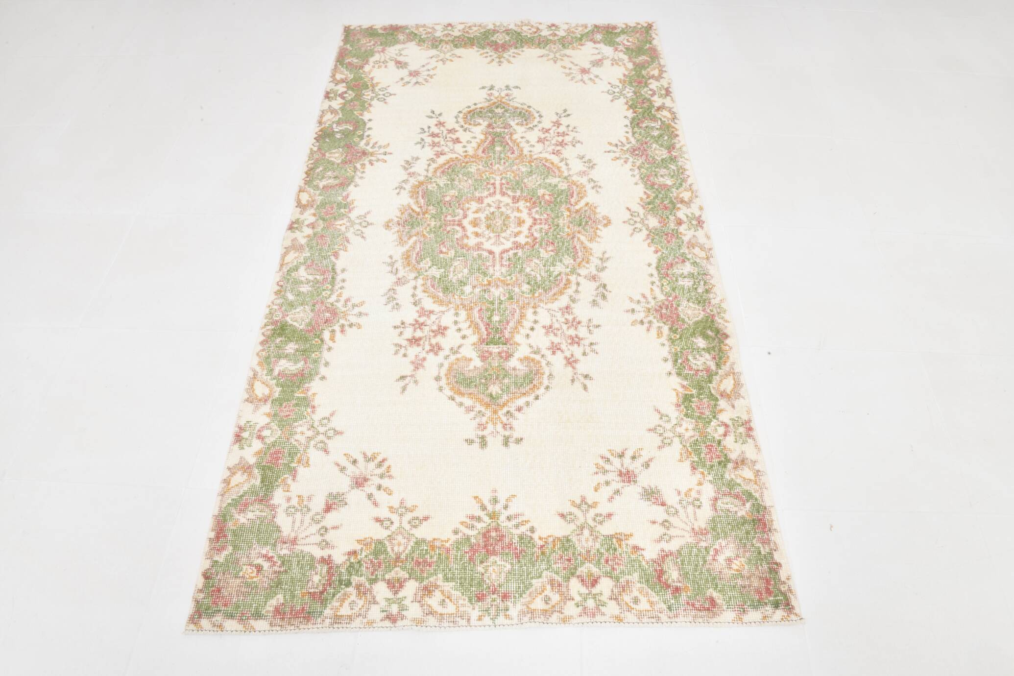 4x7 Beige and Green Floral Design Vintage Rug, Anatolian Rug, 113x207Cm