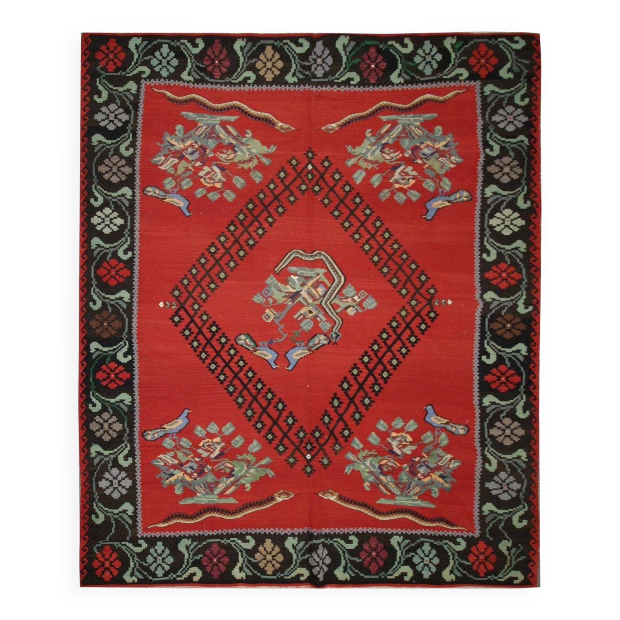 Vintage Red Caucasian Kilim Rug Handwoven Tribal Wool Flatweave Carpet